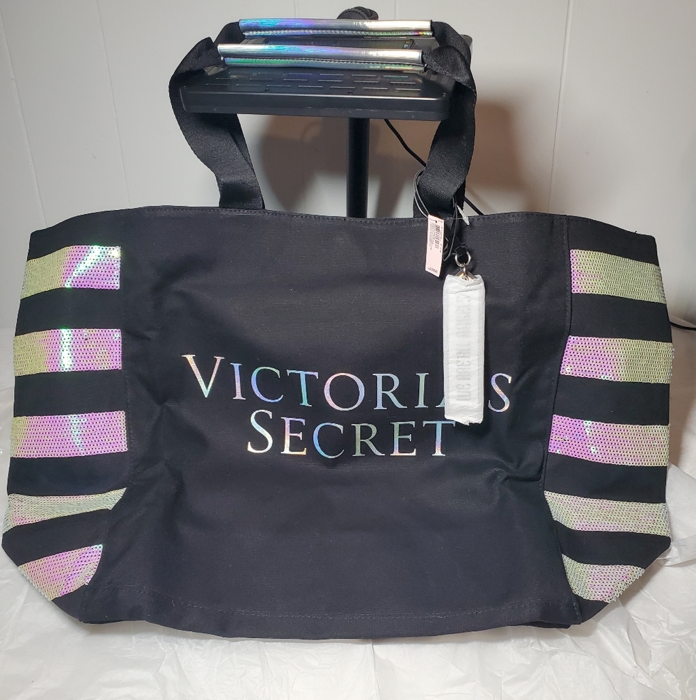Victoria's Secret Black Tote with Iridescent Logo and Stripe Accents